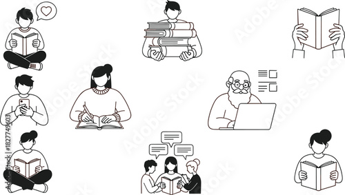 People reading books vector set, students studying illustration, learning activities, education icons, man using laptop, writing notes, group discussion, library concept line art.
