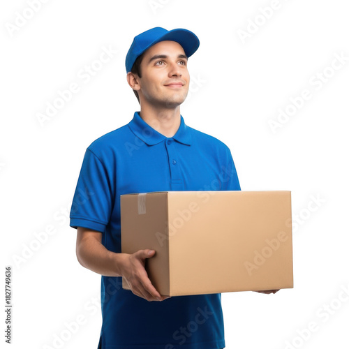 Delivery man in blue uniform holding a cardboard box with a smile