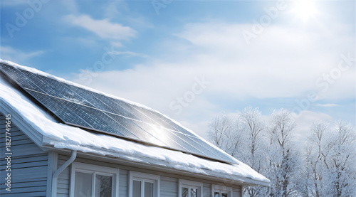 a picturesque single-family house roof covered with a thin layer of snow, solar panels mounted on it glossy and shining under winter sun, soft winter light, cool tones of blue and white.