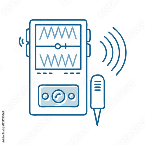Recorder device with small sound-wave lines indicating captured interview audio for journalism, media production, content creation