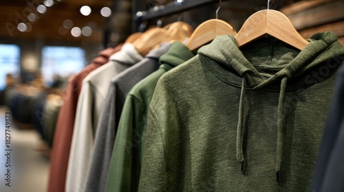 Row of casual hooded sweatshirts with drawstrings hangs ready for selection in a retail environment