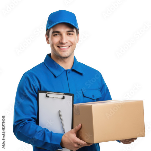 Delivery man in blue uniform holding a package and clipboard smiling