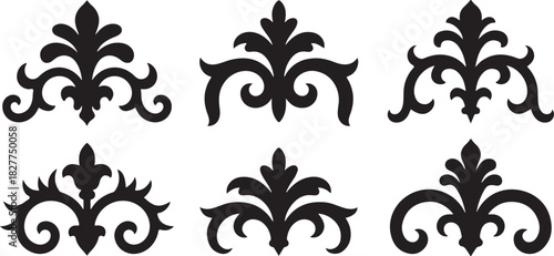 Six black decorative floral and scrollwork elements on a white background flourish filigree