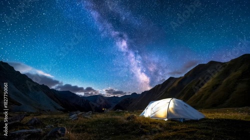 A glowing tent beneath a star filled night sky set between mountains representing adventure serenity wonder and the peaceful connection people find in remote natural landscapes during nightt