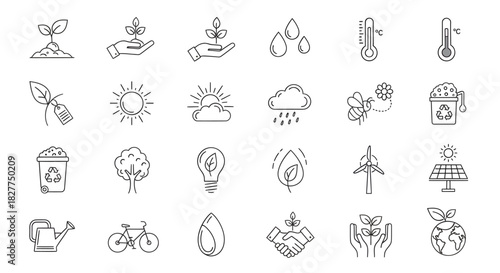 Collection of environmental icons in line art style, depicting nature and sustainability.