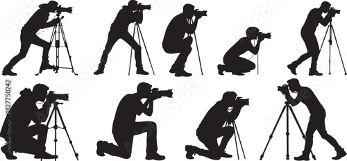 Silhouette of photographers in various poses with cameras and tripods