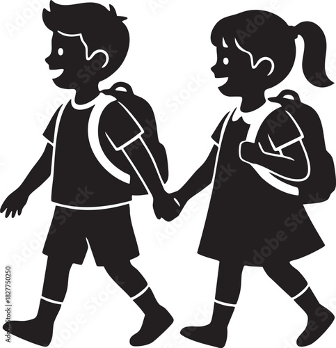 Happy School Kids Silhouette Walking Hand in Hand with Backpacks - Education and Friendship Concept