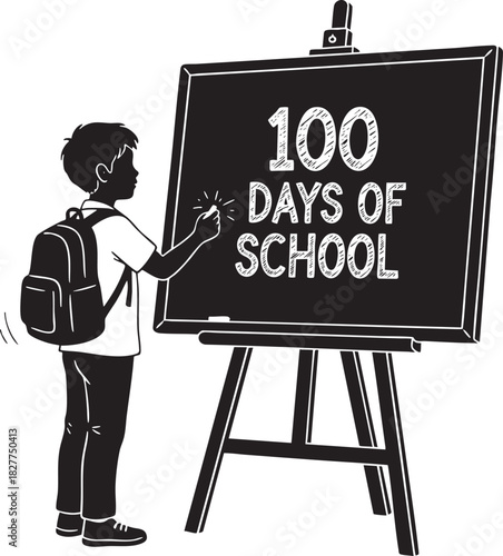 Boy writing 100 days of school on chalkboard silhouette vector