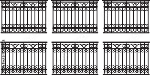 Six Black Ornate Balcony Railing Sections on White Background decorative vintage