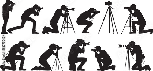 Silhouette of photographers in various poses with cameras and tripods