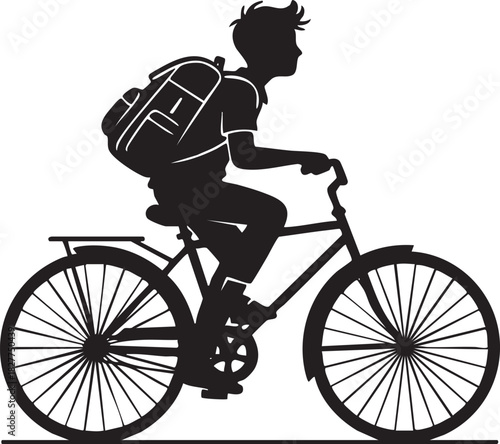School boy riding bicycle with backpack silhouette vector