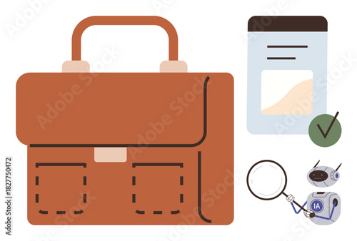 Brown briefcase, resume document with checkmark, magnifying glass, and AI robot assistant suggesting job search, recruitment, career growth, business tools, automation, hiring and evaluation in