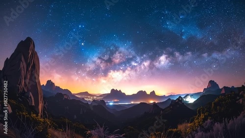 Stunning View of the Milky Way Galaxy Above Mountain Peaks and Vibrant Skies