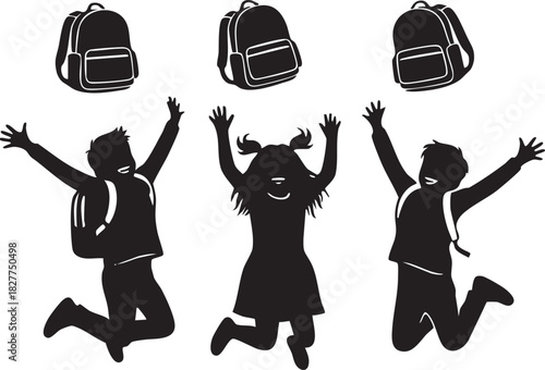 Happy school kids jumping with backpacks silhouette vector