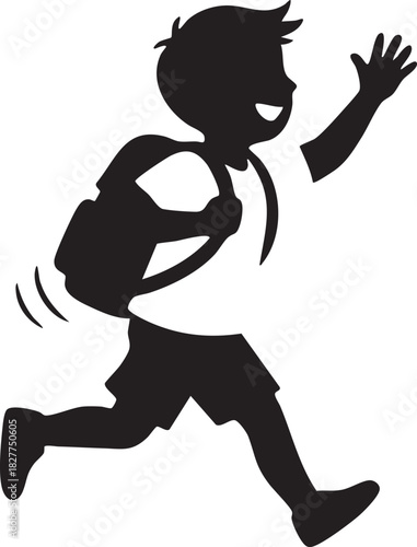 Happy school boy running with backpack silhouette vector