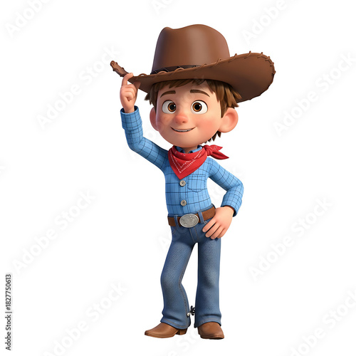 3D Cartoon Cowboy Character Tipping Hat. Friendly animated boy in western attire, perfect for children's marketing, games, and advertisements.
