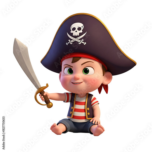 Cute 3D Cartoon Pirate Boy Character with Sword. Adorable Child Smiling, Ready for Adventure. Playful Mascot for Kids' Marketing, Education & Entertainment.