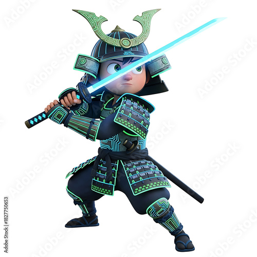 Neon Samurai Warrior with Glowing Katana. Stylized 3D character blending ancient tradition and futuristic tech. Ideal for gaming, cyberpunk themes, and modern digital design projects.
