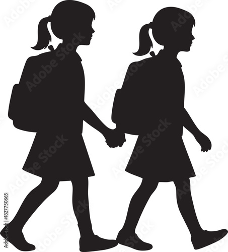 Two School Girls Silhouette Walking Hand in Hand with Backpacks - Friendship and Education Concept