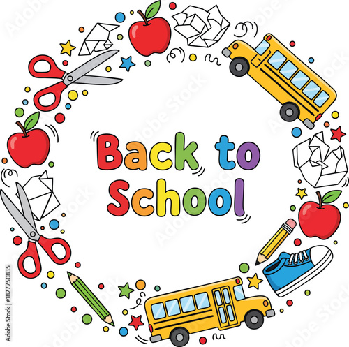 Colorful back to school doodle frame with school supplies vector