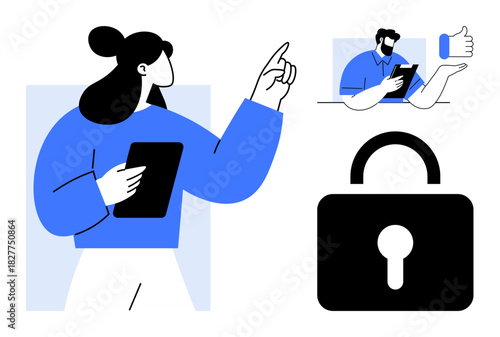 Woman holding tablet gestures upward, man on video call gives thumbs-up, and large lock icon represents security. Ideal for communication, technology, privacy, remote work, collaboration, safety