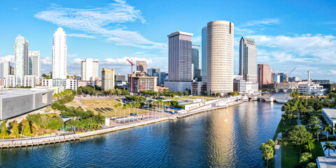 Tampa skyline from above aerial view photography city panorama with skyscrapers and Hillsborough River in downtown Tampa, United States