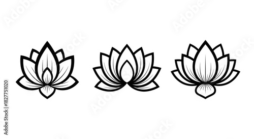 Three lotus flower outlines in a row, simple black and white design.
