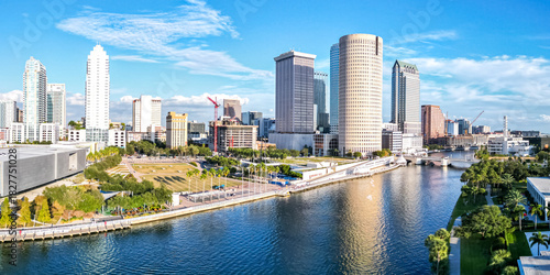 Tampa skyline from above aerial view photography city panorama with skyscrapers and Hillsborough River in downtown Tampa, United States