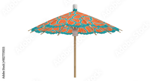 Isolated paper parasol with orange pattern and teal trim for summer tropical drinks garnish