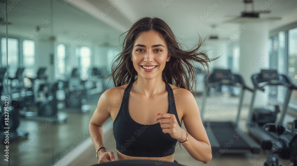 Fototapeta premium Smiling woman running on a treadmill in a modern gym setting