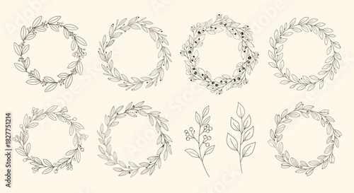 Collection of hand-drawn wreaths and botanical elements.