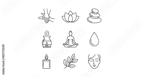 Spa and wellness icons: massage, lotus, stones, aroma, meditation, oil, candle, leaves, face.