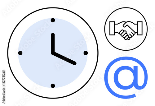 Time management concept. Clock, handshake, and email symbol promoting productivity in business and communication. Time management improves teamwork, deadlines, and digital interactions. For business