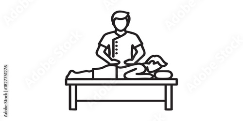 Masseur with man on wooden bed thin line icon, spa massage concept. Vector graphics. Massaging art for client back, therapy sign on white background, style icon mobile or web desig