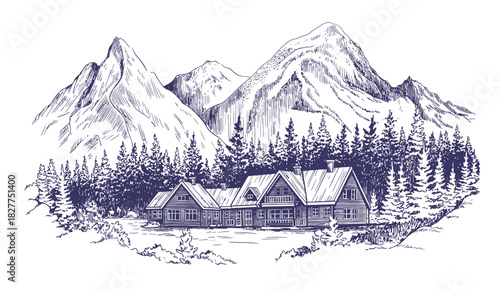 Mountain landscape sketch vector illustration, featuring hand drawn hills and rugged peaks, artistic outdoor scenery, ideal for nature design, travel visuals, and classic sketch-style graphics.