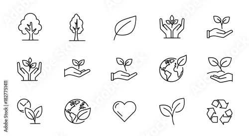 Set of linear icons related to nature and environment.