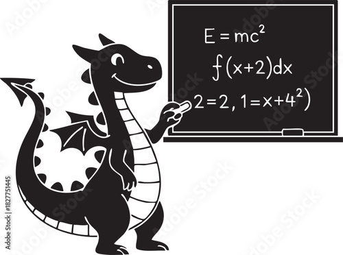 Wise Cartoon Dragon Professor Teaching Science and Math Equations on Blackboard Vector Illustration