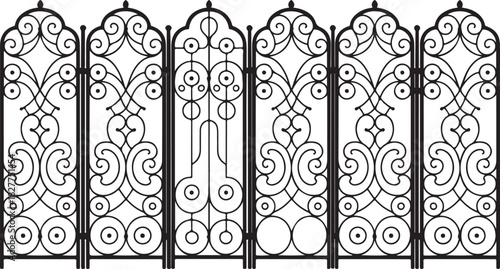 Six Ornate Black Wrought Iron Decorative Screen Panels with Scrollwork and Circular Motifs Keywords: screen, panel, wrought iron, decorative