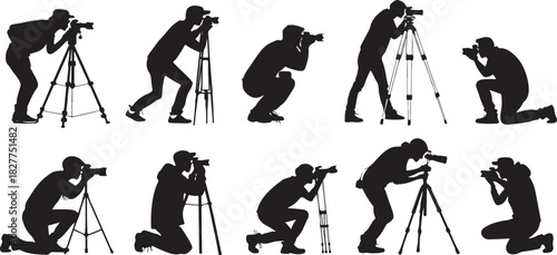 Silhouette of photographers in various poses with cameras and tripods