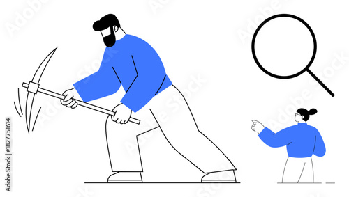 Man mining with pickaxe, woman pointing, large magnifying glass emphasizing exploration. Ideal for discovery, analysis, problem-solving, exploration, opportunities teamwork and persistence. Simple