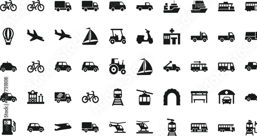 Mega Transport and Vehicle Icon Set: Cars, Trucks, Boats, Airplanes, and Public Transit, Black Silhouette Vector Graphics for Navigation, Logistics, and Travel Applications.