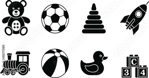 Collection of Eight Classic Children's Toys Black Silhouette Icons, Including a Teddy Bear, Soccer Ball, Stacking Rings, Rocket, Train, Beach Ball, Rubber Duck, and Alphabet Blocks.