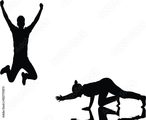 Black silhouette vector illustration showing active man jumping for joy and woman crawling on floor with reflection isolated on white.