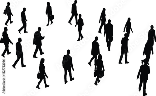 Large Group of Business People Walking Commuters Moving Across City Street Busy Urban Crowd Work Traffic Corporate Professionals Silhouettes Vector Illustration