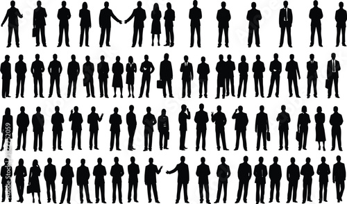 Large Collection of Full-Body Silhouettes of Diverse Business Men and Women Standing, Black Vector Graphic Set for Corporate Workforce, Human Resources, and Demographic Representation.