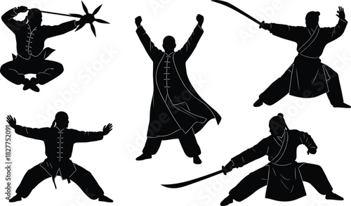 Dynamic Silhouettes of Kung Fu and Wushu Martial Artists in Various Combat Poses: Demonstrating Traditional Chinese Weapons and Unarmed Techniques, Capturing Power, Skill, and Balance.