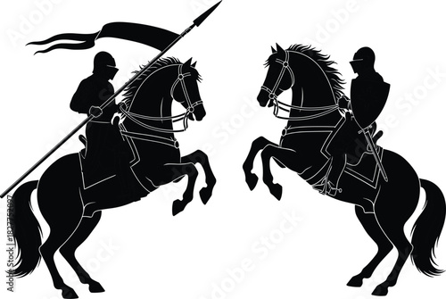 Black silhouette vector illustration of two armored medieval knights riding rearing horses facing each other for a jousting duel tournament.