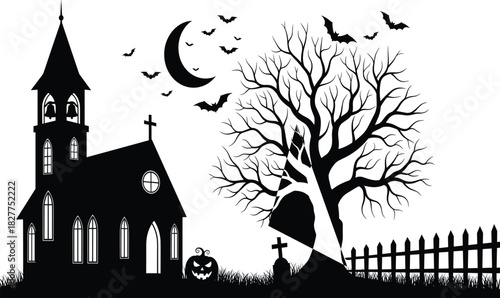 Spooky Halloween Night Silhouette Vector: Haunted Church, Graveyard, Crescent Moon, Flying Bats, Creepy Bare Tree, Horror Holiday Scene Illustration.