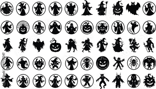 Mega Halloween Silhouette Icon Set: Witches, Ghosts, Demons, and Jack-o'-Lanterns, Black Vector Graphic for Spooky Party Invitations, Seasonal Decor, and October Design.