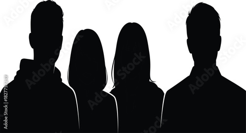 Group black silhouette vector graphic of four diverse people, including two men and two women, designed for anonymous user profiles, social network avatars, and team identity representation projects.
